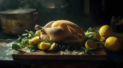 raw whole chicken is placed on wooden board surrounded by fresh herbs and lemons, creating rustic and appetizing scene in dimly lit kitchen