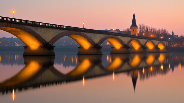 Illuminated arched bridge reflecting in calm river at sunset with a church steeple and soft pastel sky - Powered by Adobe