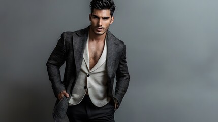 Fototapeta premium Handsome Man Model Posing in Stylish Suit Jacket