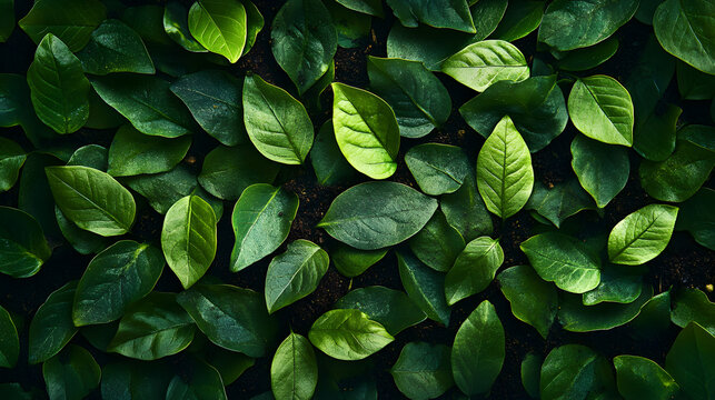 lush array of vibrant green leaves covers ground, creating rich and natural texture. leaves are illuminated by soft light, highlighting their varied shapes and sizes, evoking sense of freshness