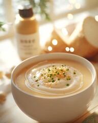 Gourmet cheese-topped soup high-end restaurant culinary delight inviting kitchen elevated dining experience