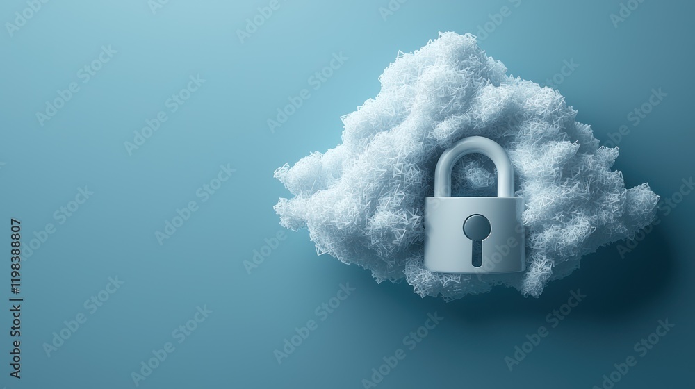 Poster a padlock rests on a fluffy cloud against a blue backdrop, symbolizing security and data protection 