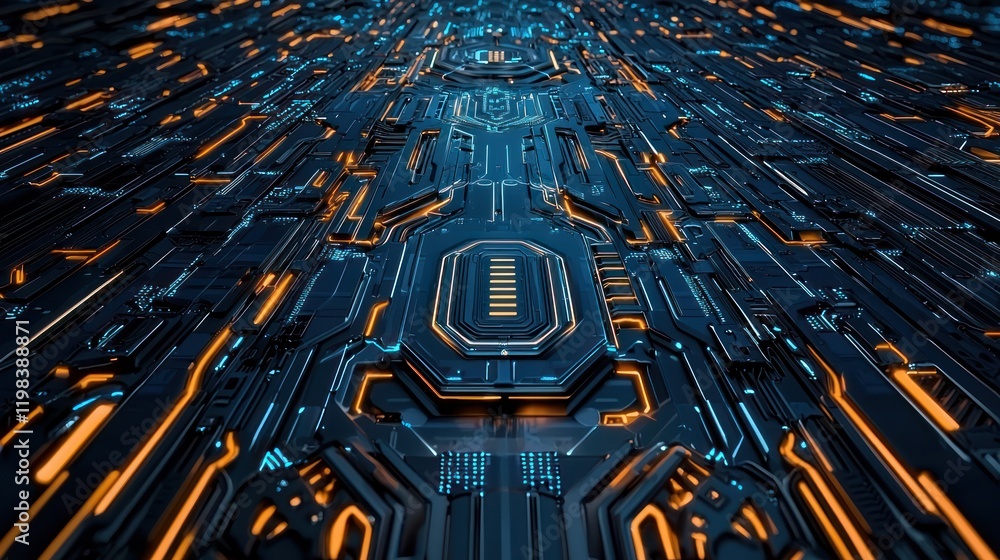 Poster a futuristic digital landscape featuring intricate patterns of blue and orange circuitry, creating a