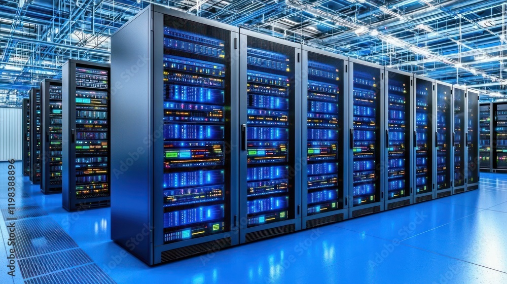 Poster a modern data center filled with rows of servers, illuminated with blue led lights, showcasing advan