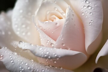 Fototapeta premium Extreme macro of white rose petals with dew drops & fine veins. Hyper-realistic, dreamy background —perfect for Valentine's, love themes & floral art.