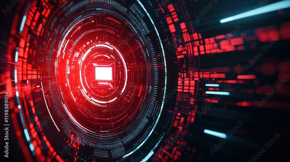 Poster a vibrant, futuristic design featuring a glowing red core surrounded by intricate digital patterns a
