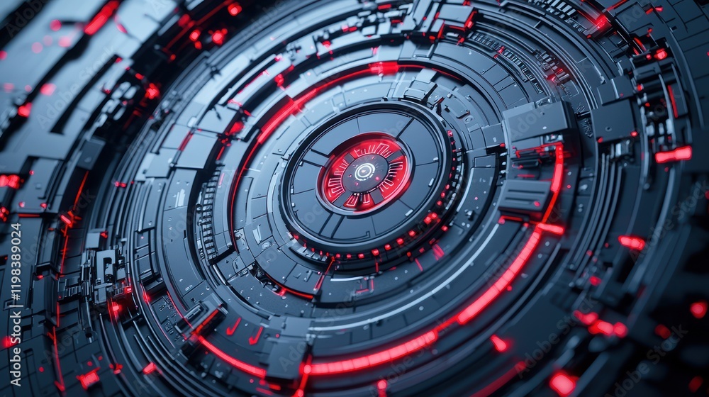 Aufkleber a futuristic, circular design featuring intricate patterns in black and red, resembling a high-tech 