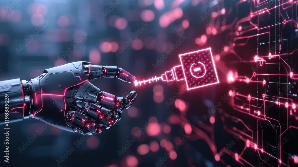 Poster a robotic hand interacts with a glowing circuit board, symbolizing advanced technology and connectiv