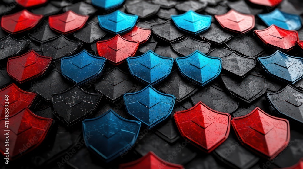 Aufkleber a colorful pattern of shields in red and blue on a textured black background creates a striking visu