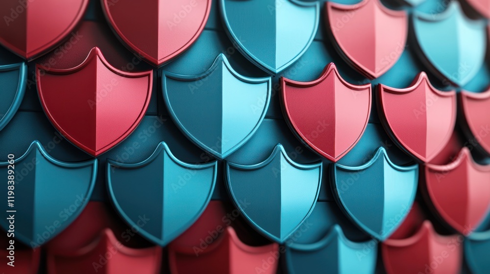 Poster a vibrant arrangement of overlapping red and blue shields, creating a textured, protective pattern.