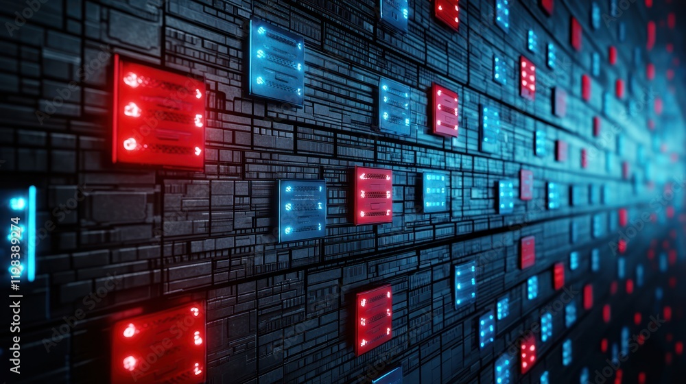 Poster a vibrant digital wall featuring illuminated red and blue blocks, creating a futuristic, high-tech a