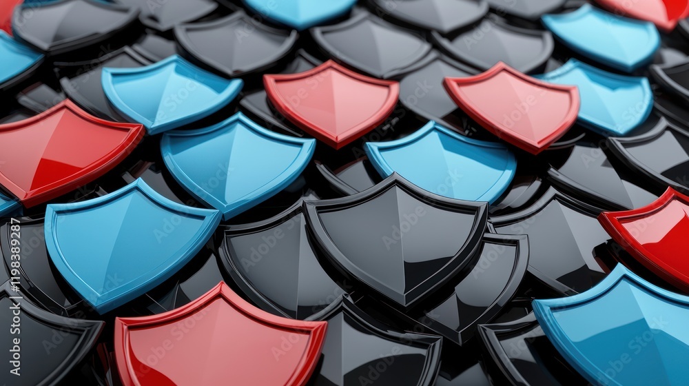 Poster a vibrant pattern of shields in red, blue, and black, creating a visually striking and textured surf