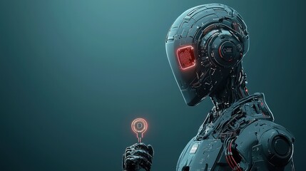 A futuristic robot holds a glowing orb, featuring intricate mechanical details and a sleek design against a dark background.