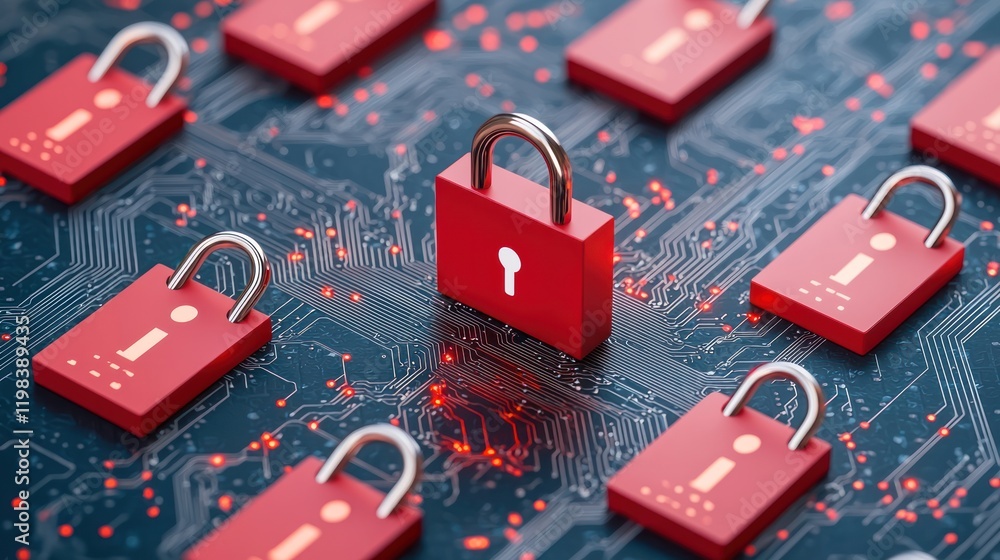 Poster a digital illustration showing multiple red padlocks scattered on a circuit board, with one prominen