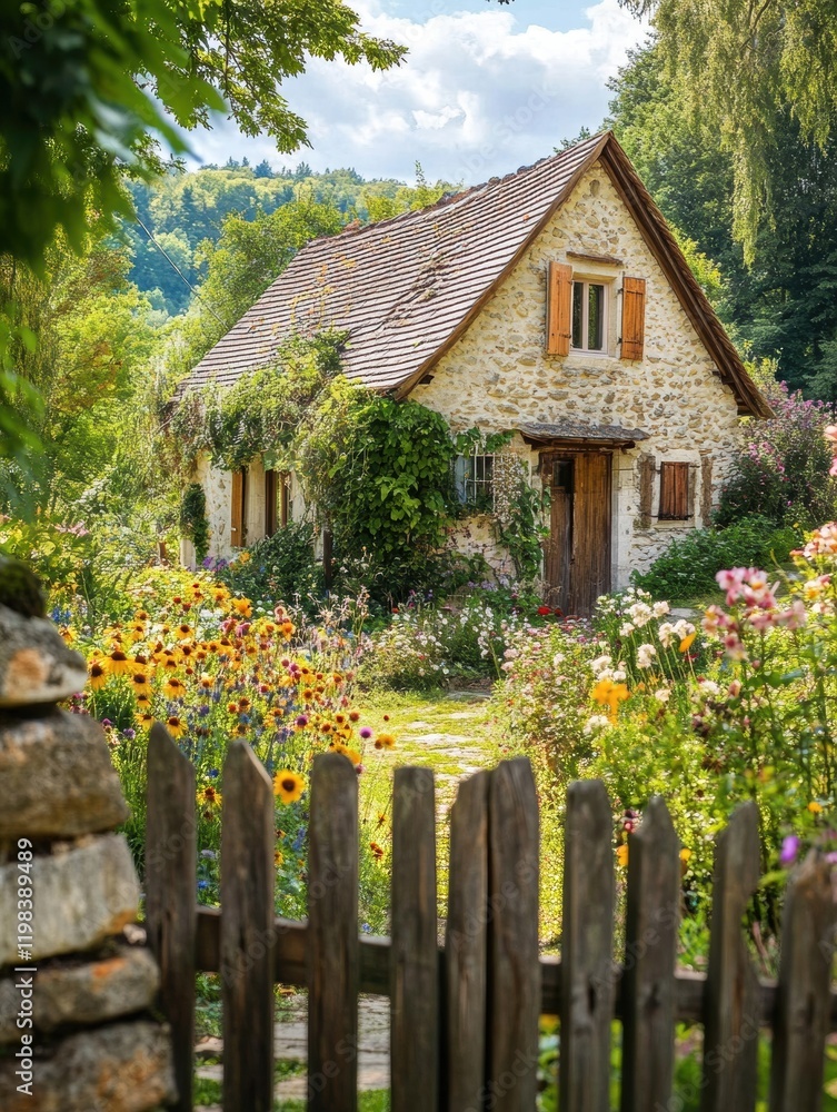 Poster charming countryside house on a hill surrounded by lush flowers and a rustic stone fence in a serene