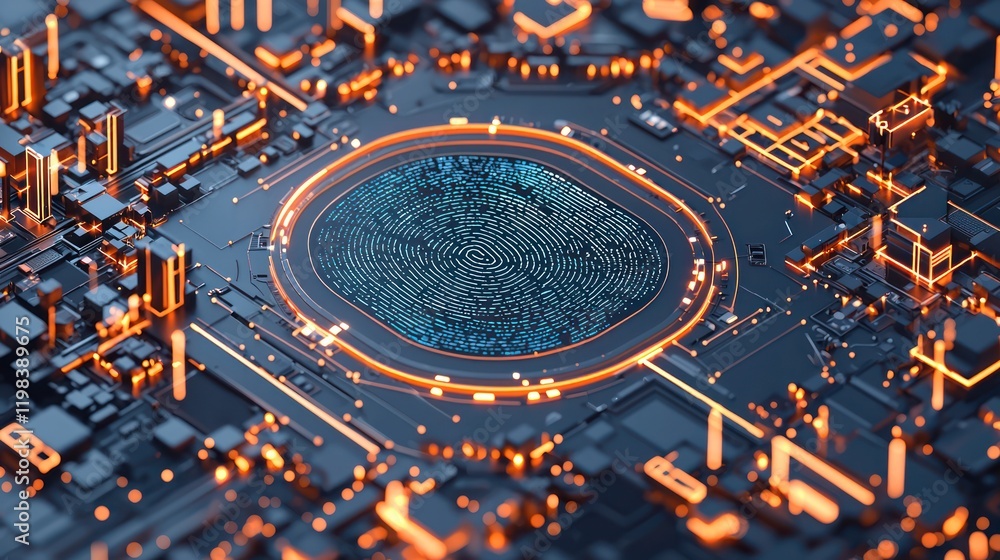 Poster a close-up view of a futuristic circuit board design featuring vibrant blue and orange patterns, res
