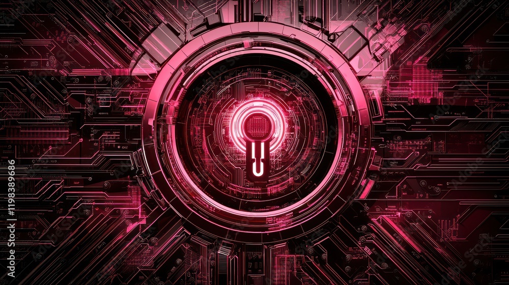 Poster a vibrant, futuristic design featuring a central power symbol surrounded by intricate, tech-inspired