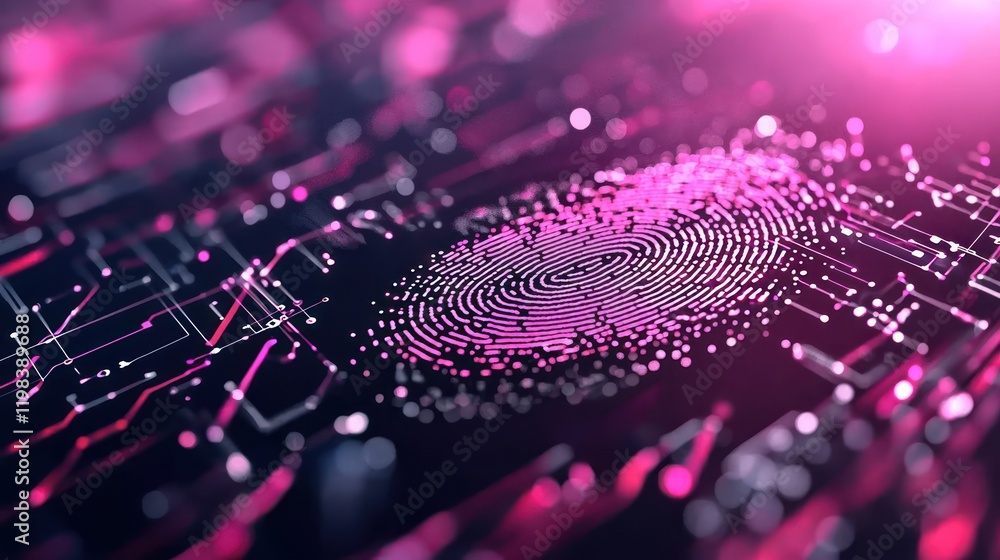 Poster a vibrant digital fingerprint overlaid on a circuit-like design, blending technology and security in