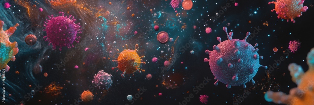 Leinwandbilder Colorful array of bacteria and microbes thriving in a vibrant microscopic environment filled with swirling energies. Generative AI