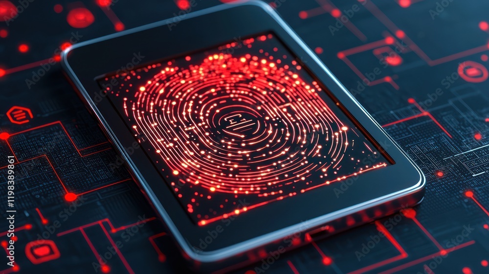 Poster a smartphone displays a glowing red fingerprint on a digital circuit background, symbolizing securit