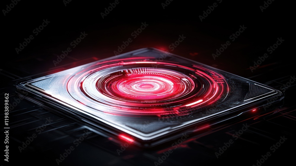 Poster a glowing, circular device with intricate patterns and a red light, set against a dark background, c