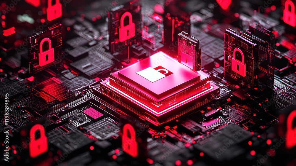 Poster a digital circuit board with a central processor, surrounded by red locks, symbolizing cybersecurity