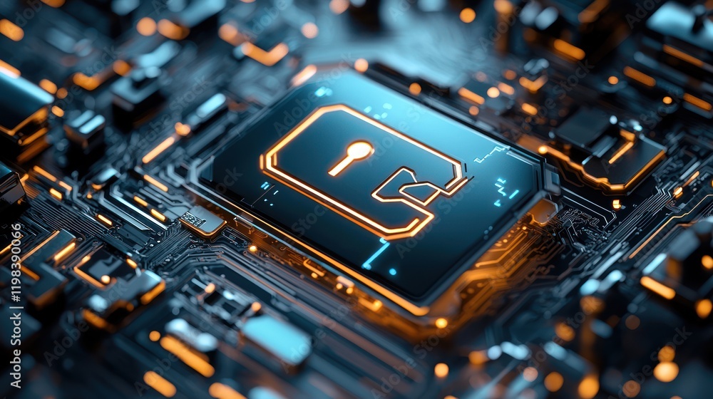 Poster a close-up of a circuit board featuring a glowing lock symbol, representing cybersecurity and digita
