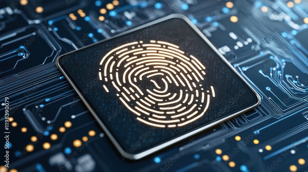 Poster a close-up of a fingerprint design on a microchip, symbolizing biometric security and modern technol