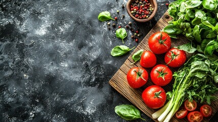 Fresh tomatoes, spinach, peppers on wood, dark background, food blog.