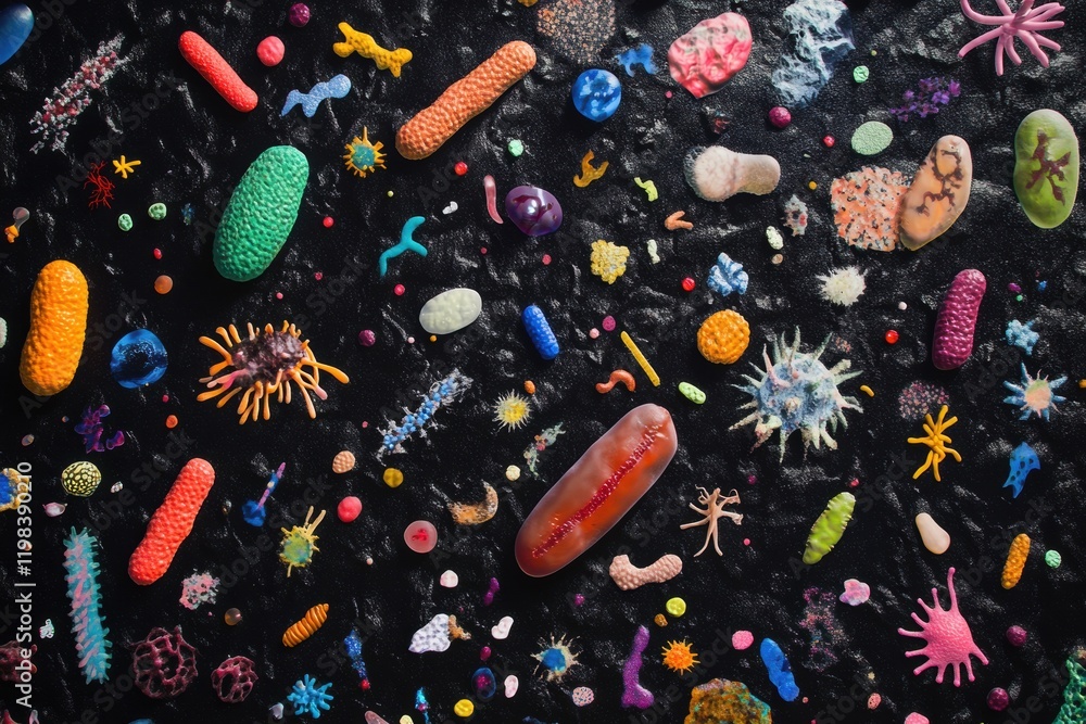 Aufkleber Diverse array of colorful bacteria and microbes observed under a microscope in a laboratory setting. Generative AI