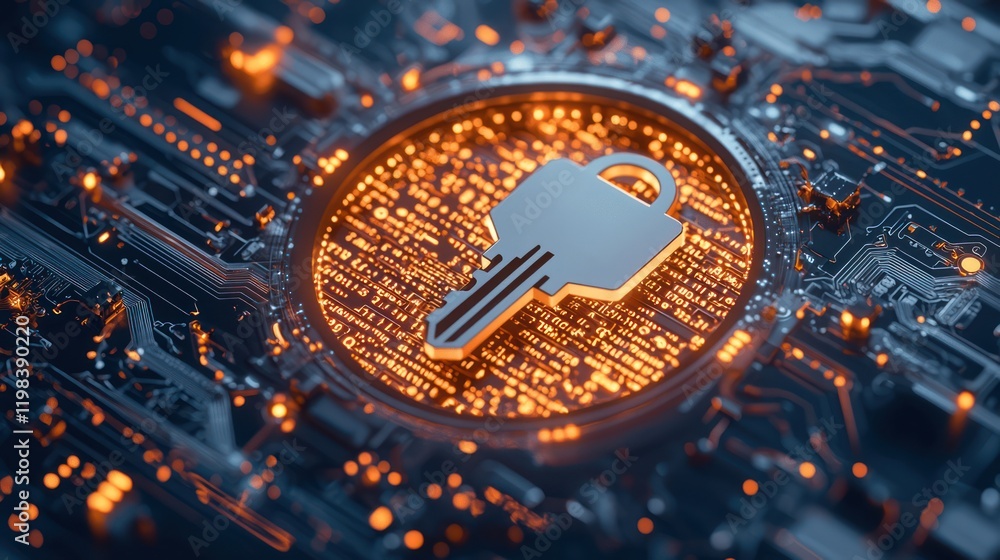 Aufkleber a digital key icon is surrounded by a glowing circuit board, symbolizing cybersecurity and data prot