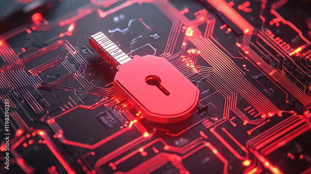 Poster a digital lock symbol sits prominently on a circuit board, illuminated in red tones, symbolizing cyb