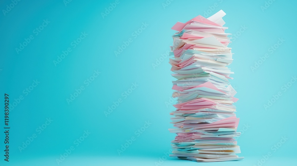 Poster a colorful stack of papers rises against a teal background, showcasing a mix of documents and notes 