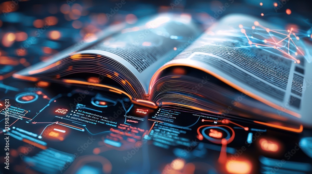 Poster a digital book surrounded by glowing data elements, symbolizing the fusion of knowledge and technolo