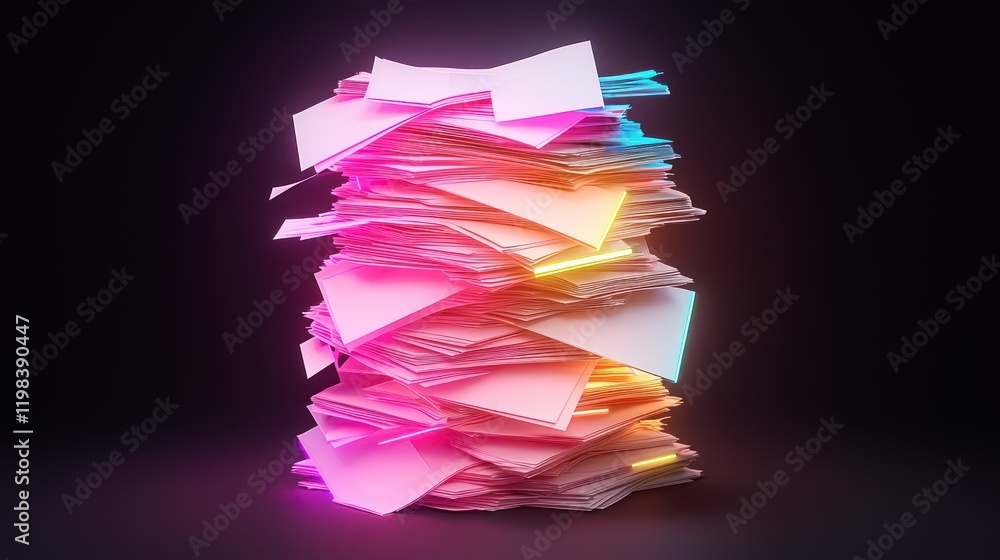 Aufkleber a vibrant stack of assorted papers illuminated with colorful lights against a dark background, creat