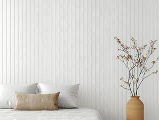 Romantic bedside decor in minimalist bedroom clean composition natural light environment elegant viewpoint