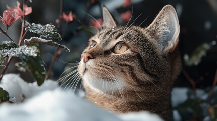 Fototapeta premium Close-up of a tabby cat looking up in the snow