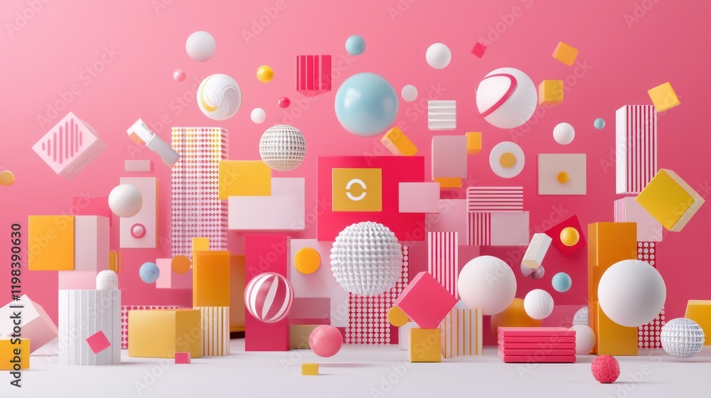 Poster a vibrant arrangement of colorful geometric shapes and patterns against a pink background, creating 