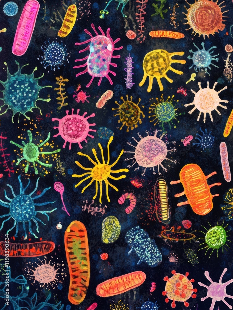 Aufkleber colorful array of bacteria and microbes showcasing diversity in microscopic life and habitats. gener