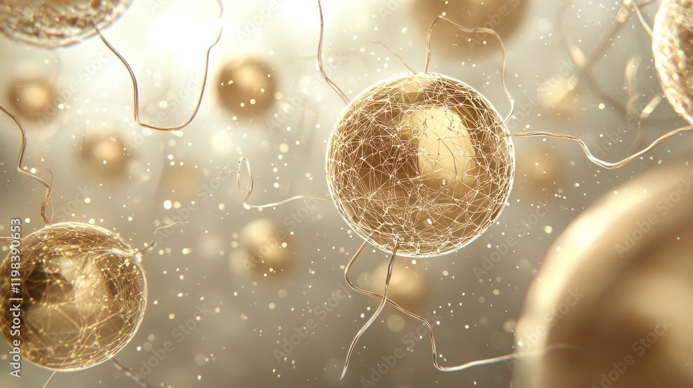Poster a visually captivating depiction of golden cells floating in a luminous space, representing the micr