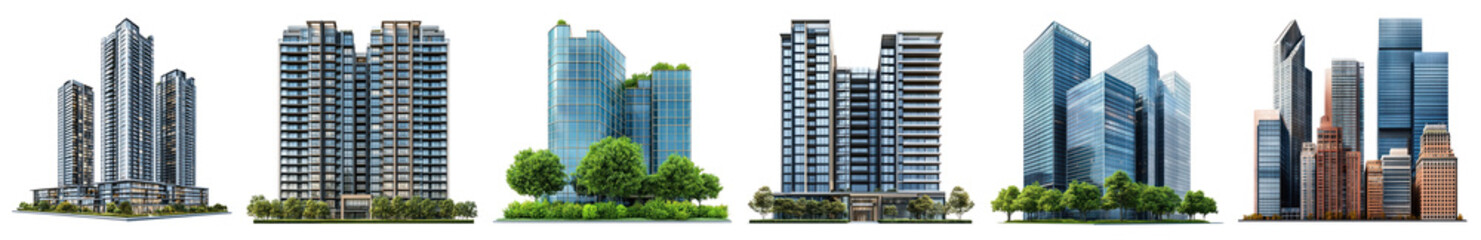 Modern urban skyscraper architecture, PNG element set on transparent background