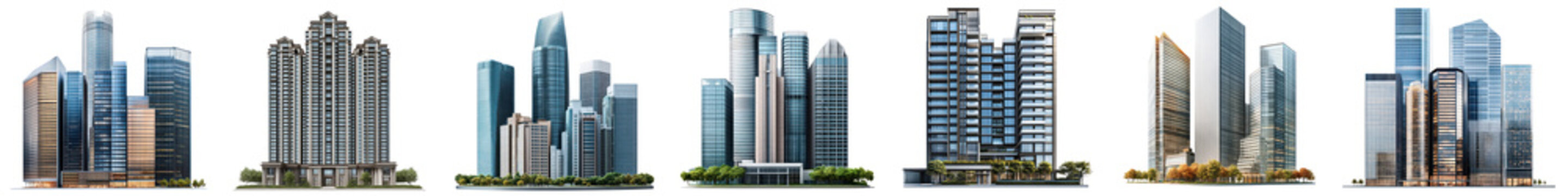 Modern skyscrapers urban skyline architecture, PNG element set on transparent background