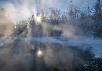 USA, Alaska, Fairbanks. Fog rays on a pond with frosty trees.