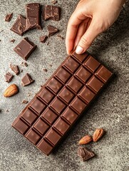 Delicious Milk Chocolate Bar with Almonds: A High-Angle Shot