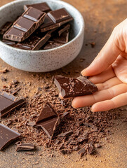 Indulging in Dark Chocolate: A Close-Up of a Hand Holding a Piece