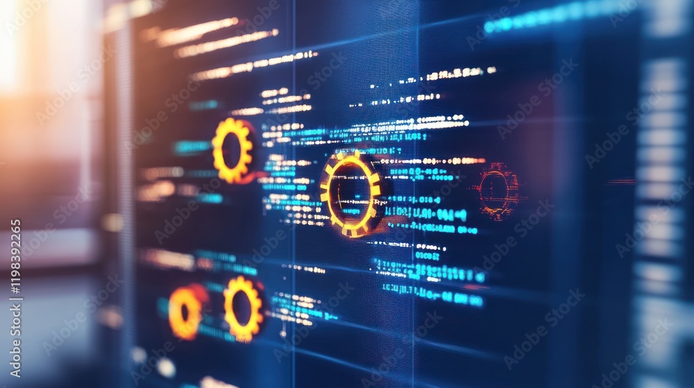 Poster digital technology: a close-up view of code and technological gears on a computer screen