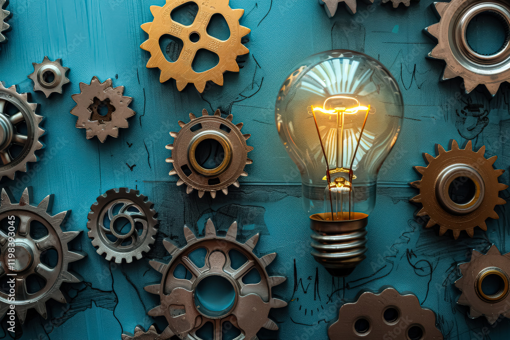 Poster light bulb is surrounded by gears, representing the idea of innovation and progress. scene is one of