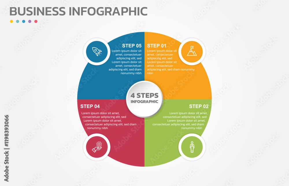 Poster Visual data presentation. Cycle diagram with 4 options. Pie Chart Circle infographic template with 4 steps, options, parts, segments. Business concept. Marketing infographic vector illustration.