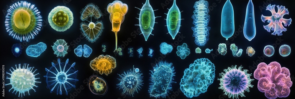 Aufkleber evolving bacteria show various forms and structures captured in a colorful sequence on a dark backgr