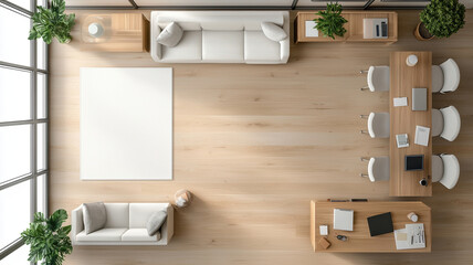 Modern living room and office layout with white furniture and wooden accents